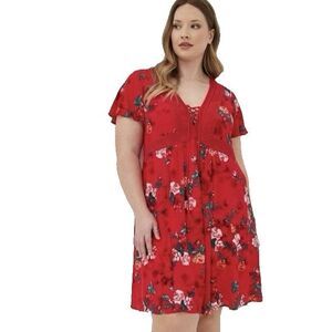 Torrid Mini Gauze Lace-Up Red Floral Skater Dress Plus Size 1X Floral Garden Boh